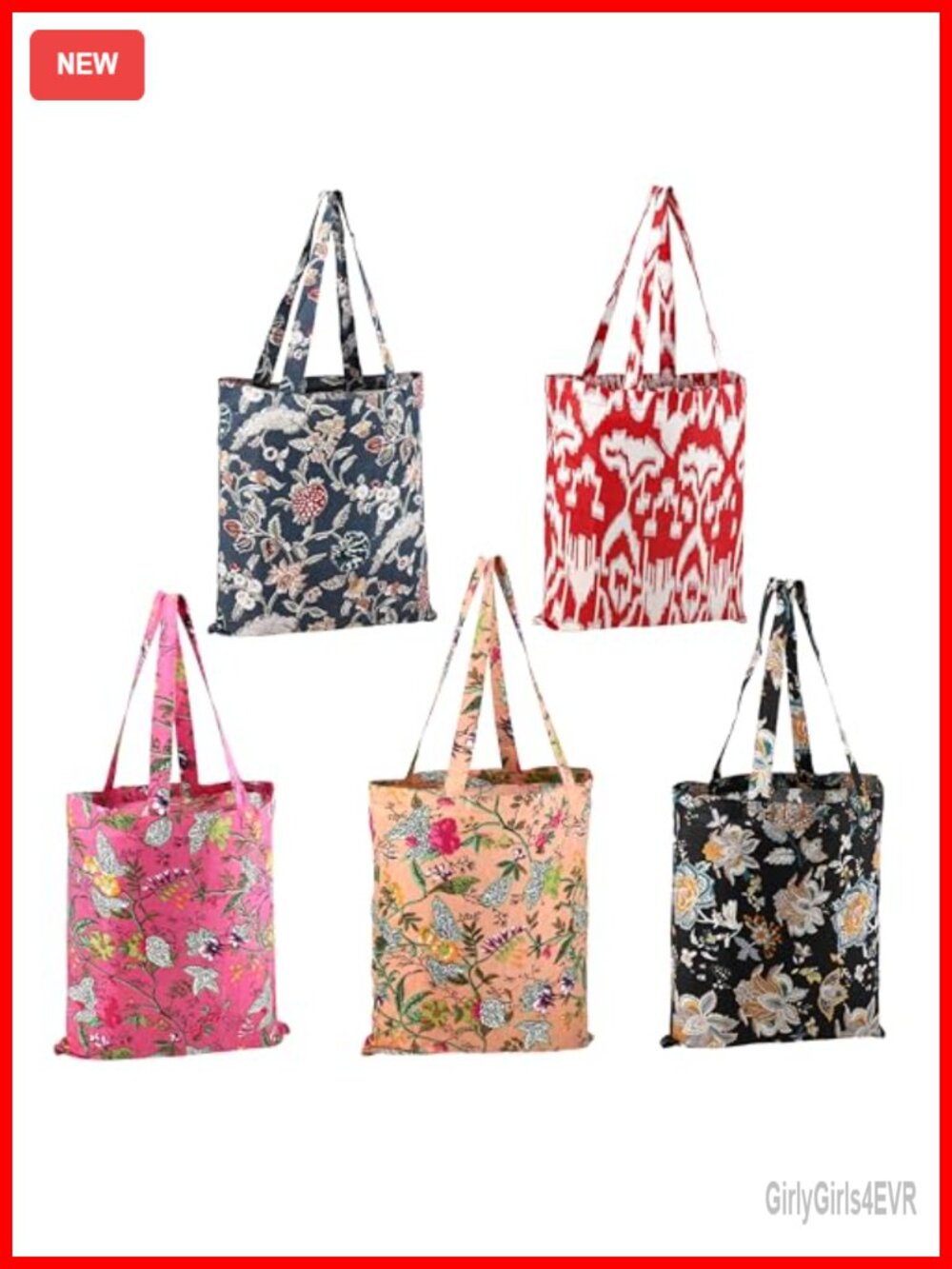 Reusable Cotton Grocery Tote Bag Set of 5 Foldable Floral Print Shopping Bags